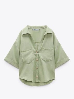 Zara linen blend crop shirt size medium in light khaki